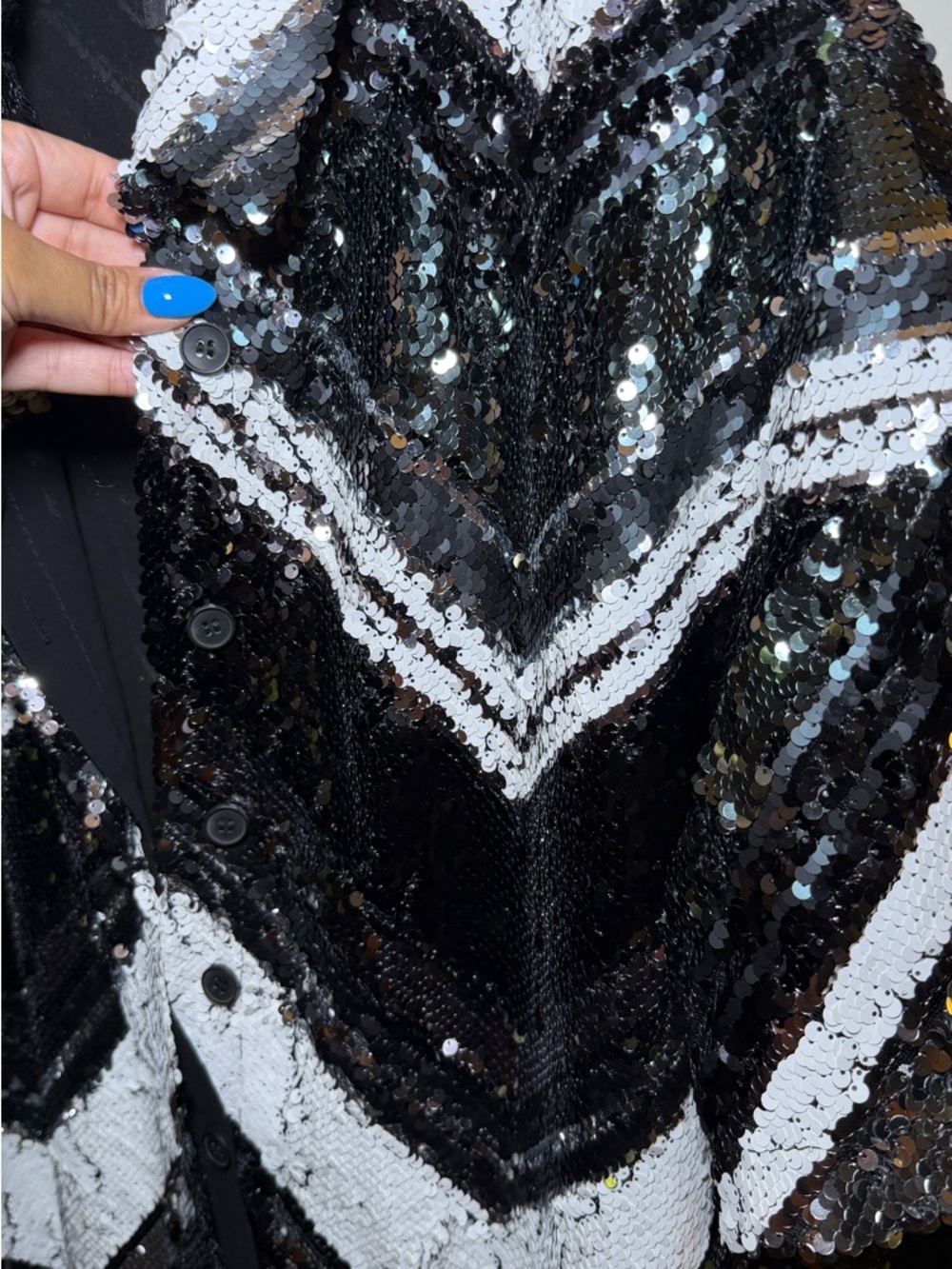 Sequin Chevron Shirt Dress Black, White & silver - Picture 7 of 9